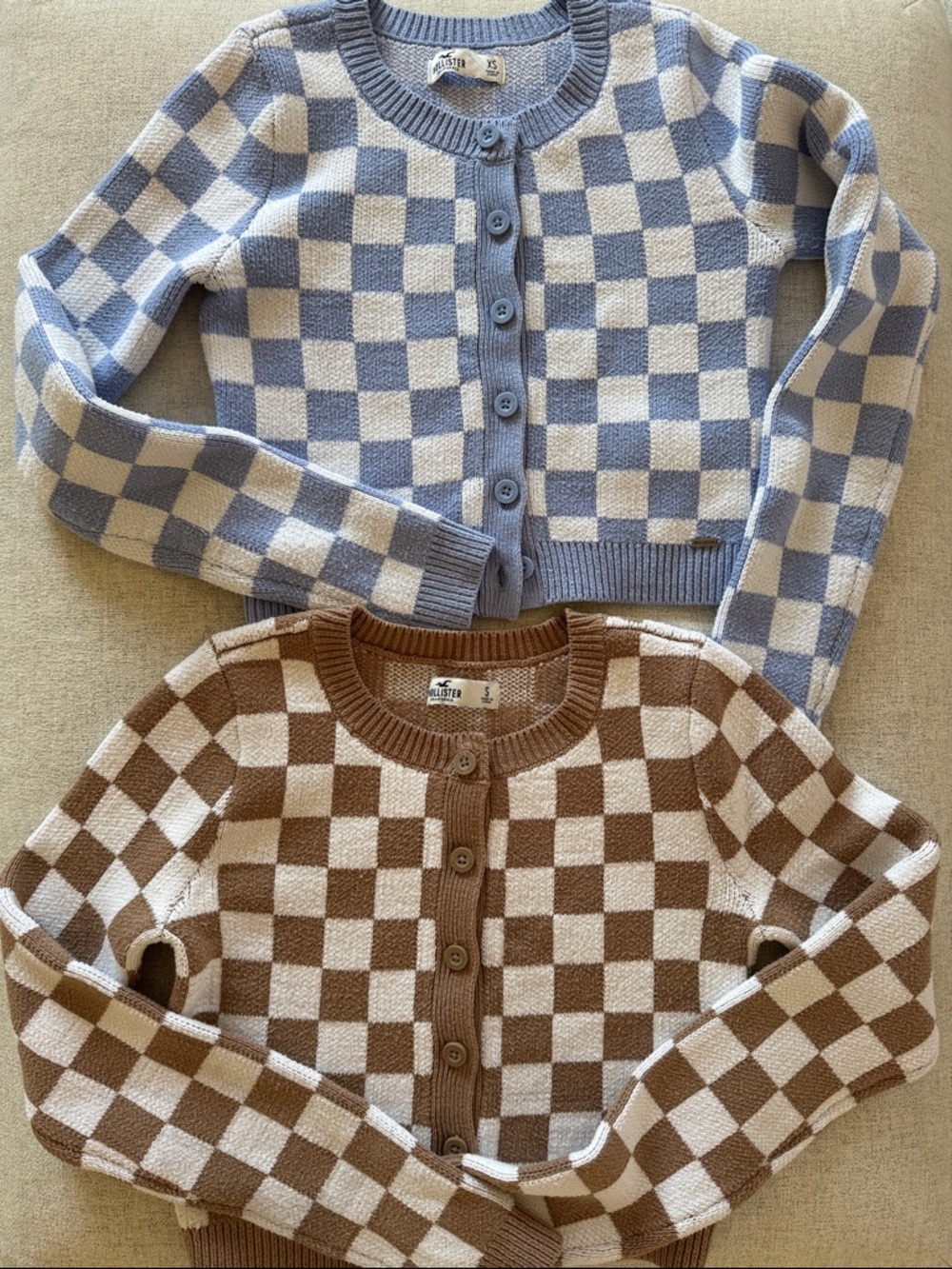 Hollister Checkerboard Cropped Cardigans - Blue/Cream & Brown/Cream
